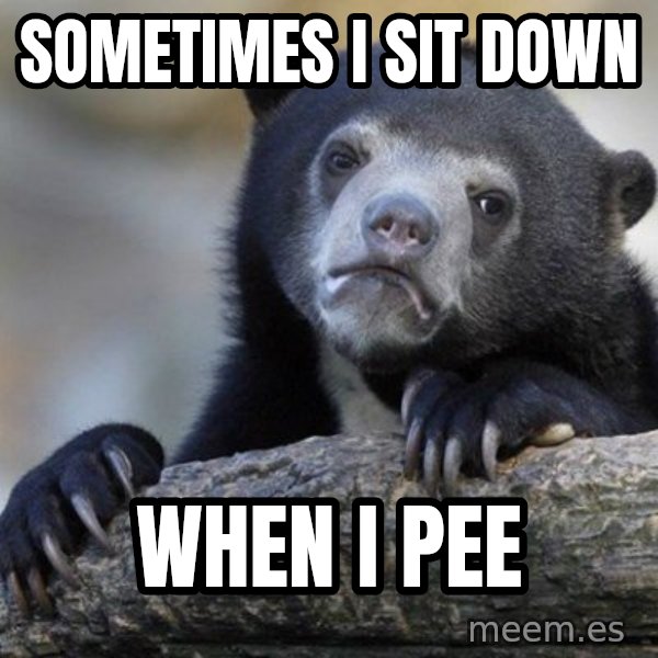 Confession Bear meme: Sometimes I sit down / When I pee