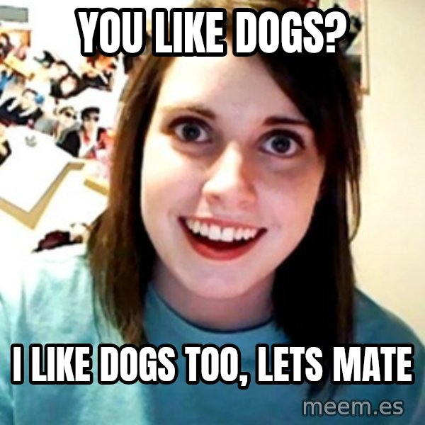 Overly Obsessed Girlfriend meme: You like Dogs? / I like Dogs too, Lets mate