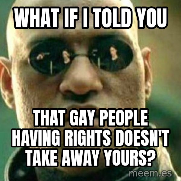 What If I Told You meme: WHAT IF I TOLD YOU / THAT GAY PEOPLE HAVING RIGHTS DOESN'T TAKE AWAY YOURS?