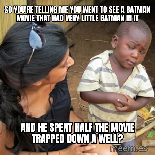 So You're Telling me meme: So You're telling me you went to see a batman movie that had very little batman in it / And he spent half the movie trapped down a well?