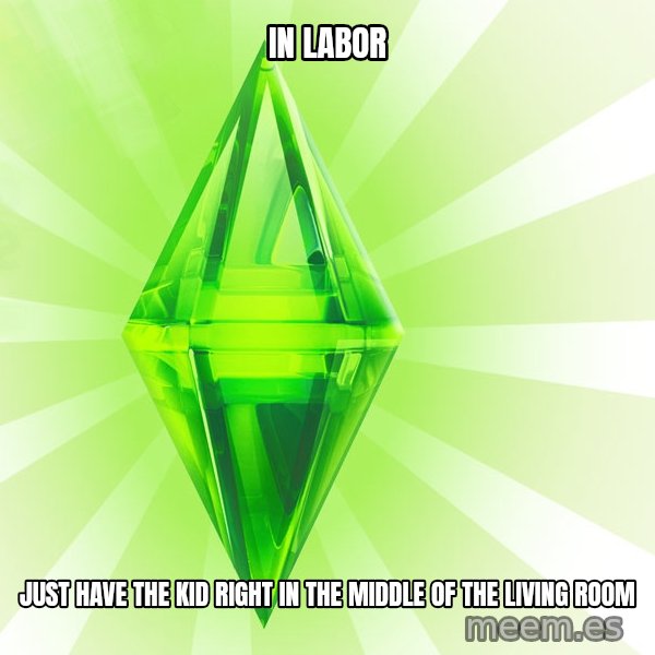 Sims meme: IN LABOR / JUST HAVE THE KID RIGHT IN THE MIDDLE OF THE LIVING ROOM