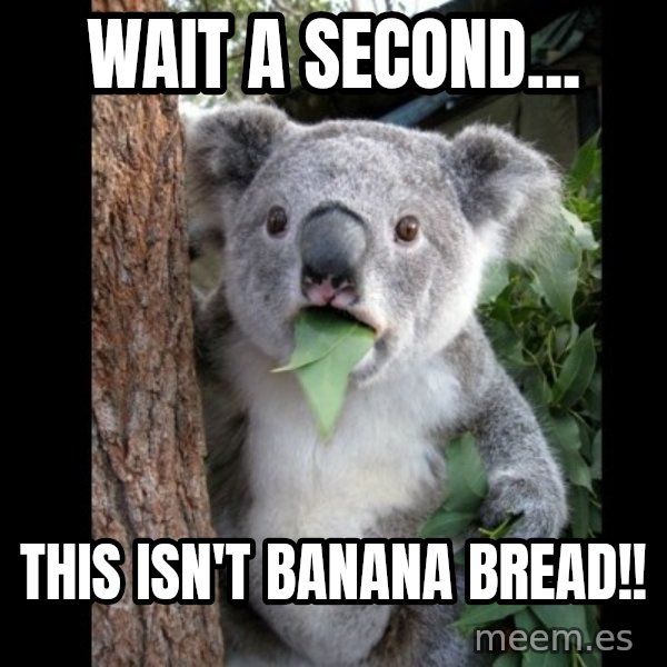 Koala can't believe it meme: Wait a second... / this isn't banana bread!!
