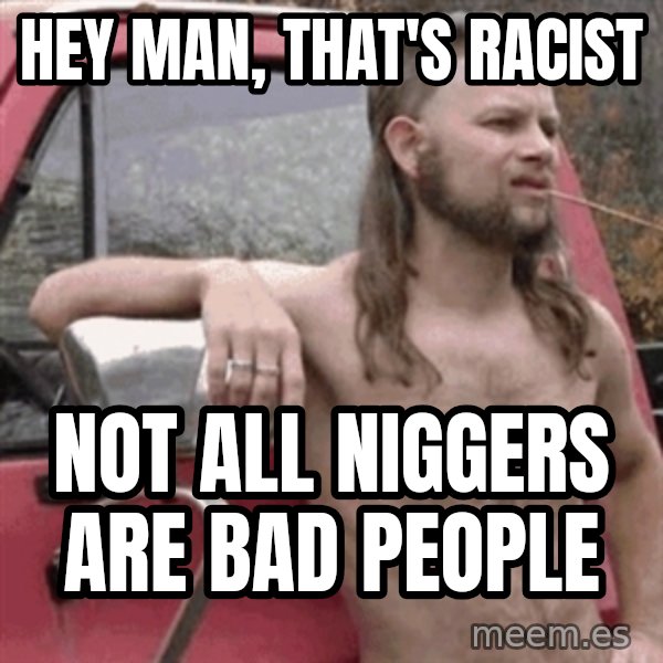 Almost Politically Correct Redneck meme: hey man, that's racist / not all niggers are bad people