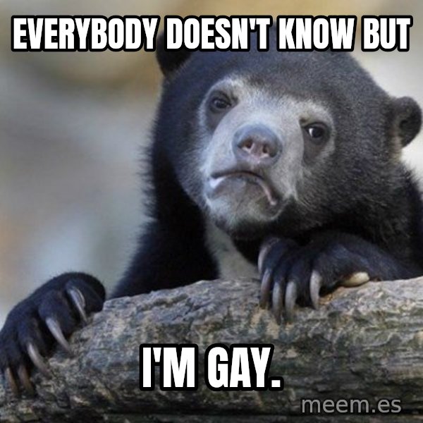 Confession Bear meme: everybody doesn't know but / I'm gay.