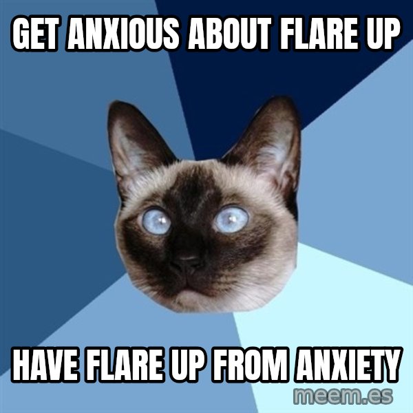 Chronic Illness Cat meme: get anxious about flare up / have flare up from anxiety