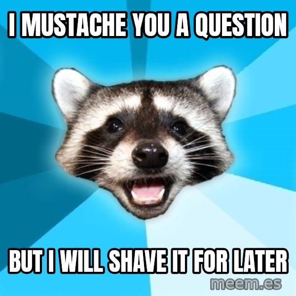Lame Pun Coon meme: I mustache you a question / but i will shave it for later