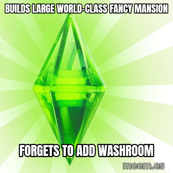 Sims meme: builds large world-class fancy mansion / forgets to add washroom