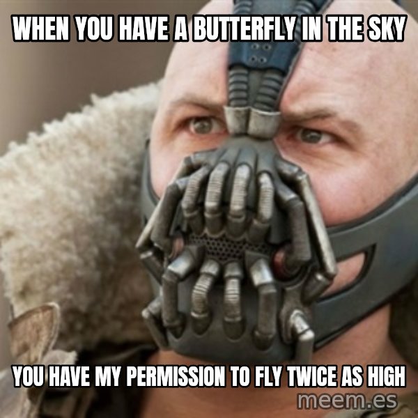 Bane meme: When you have a butterfly in the sky / you have my permission to fly twice as high