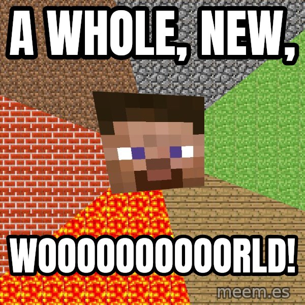 Minecraft Guy meme: A whole, new, / Woooooooooorld!