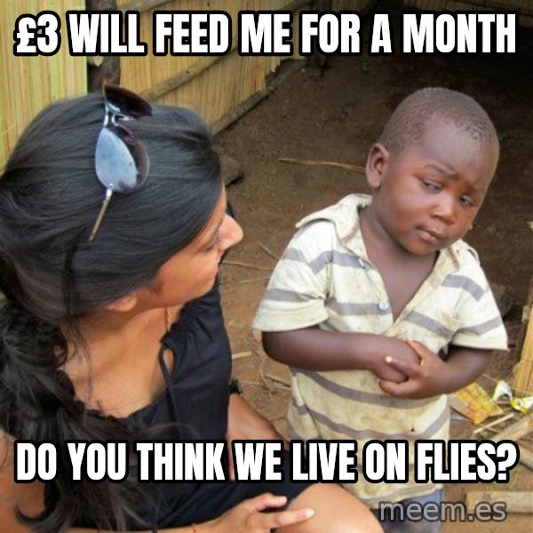skeptical black kid meme: £3 will feed me for a month / do you think we live on flies?