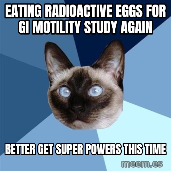 Chronic Illness Cat meme: Eating radioactive eggs for gi motility study again / better get super powers this time