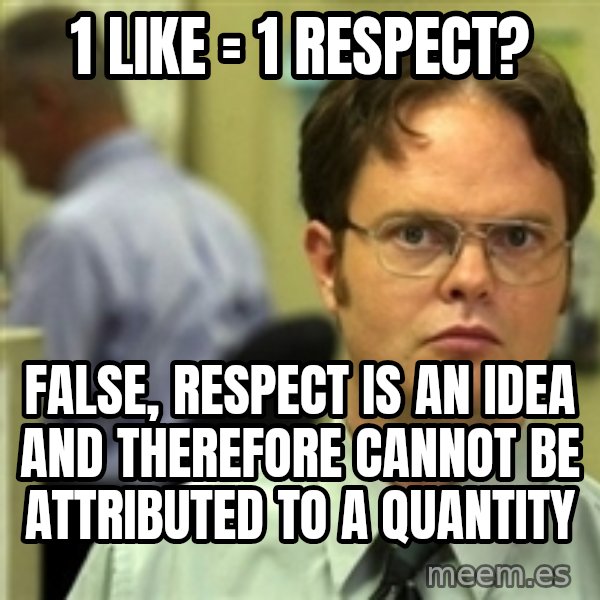 Dwight Schrute meme: 1 like = 1 respect? / false, respect is an idea and therefore cannot be attributed to a quantity