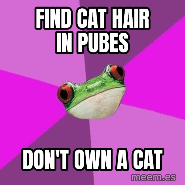 Foul Bachelorette Frog meme: Find cat hair in pubes / don't own a cat
