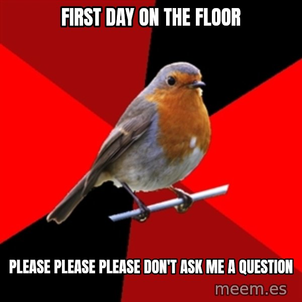 Retail Robin meme: first day on the floor / please please please don't ask me a question