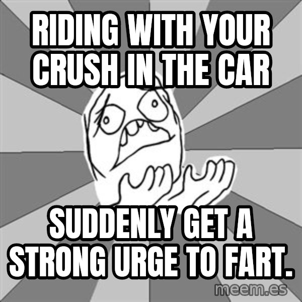 Whyyy??? meme: Riding with your crush in the car / SUddeNly get a strong urge to fart.