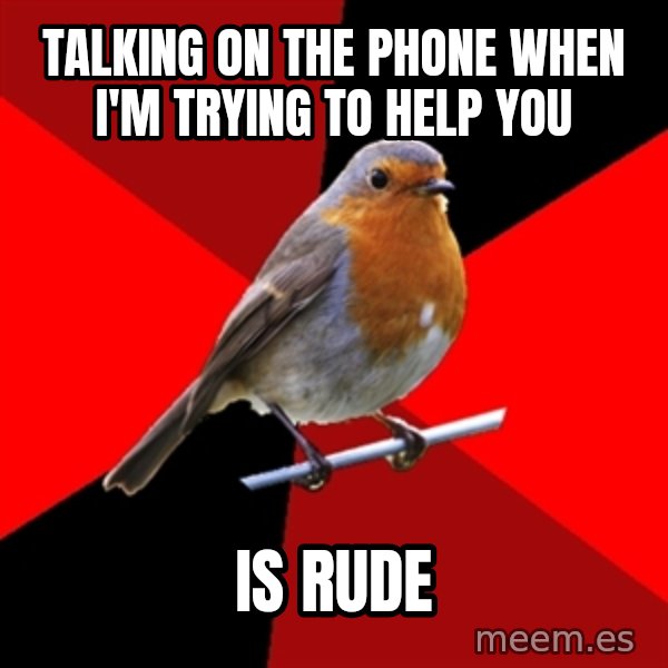 Retail Robin meme: Talking on the phone when I'm trying to help you / is rude