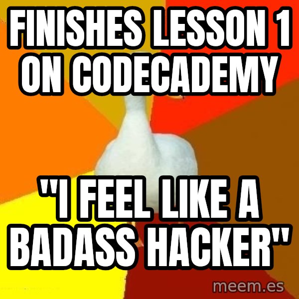Technologically Impaired Duck meme: FINISHES LESSON 1 ON CODECADEMY / "I FEEL LIKE A BADASS HACKER"