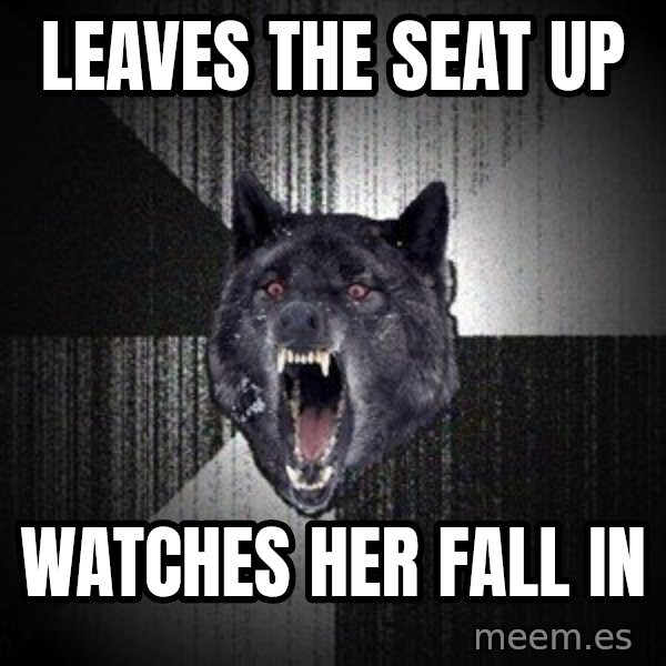 Insanity Wolf meme: leaves the seat up / watches her fall in