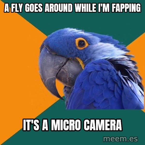 Paranoid Parrot meme: a fly goes around while i'm fapping / it's a micro camera
