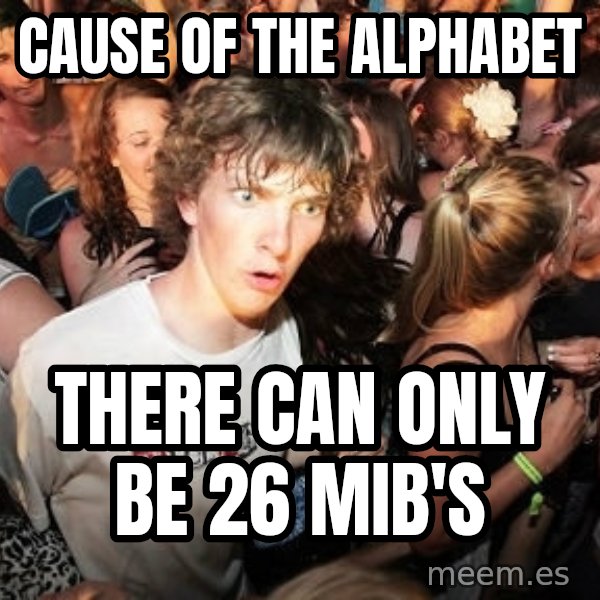 Sudden Realization Ralph meme: Cause of the alphabet / There can only be 26 mib's
