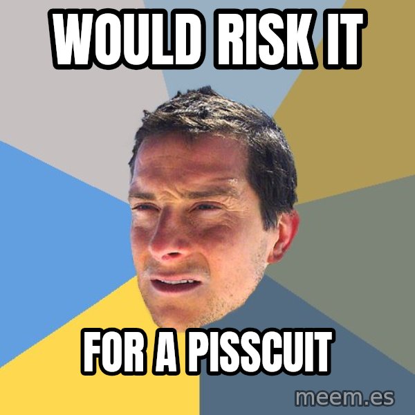 Bear Grylls meme: would risk it / for a pisscuit