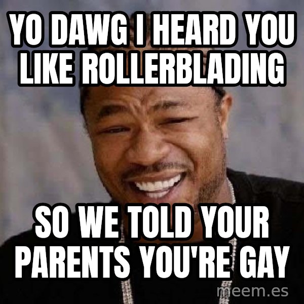 Yo Dawg meme: yo dawg i heard you like rollerblading / so we told your parents you're gay