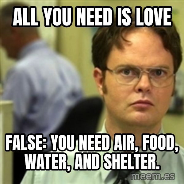 Dwight Schrute meme: ALL YOU NEED IS LOVE / FALSE: YOU NEED air, food, water, and shelter.
