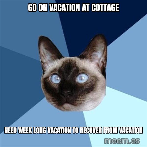 Chronic Illness Cat meme: Go on vacation at cottage / Need week long vacation to recover from vacation