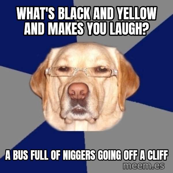 Racist Dog meme: What's black and yellow and makes you laugh? / a bus full of niggers going off a cliff