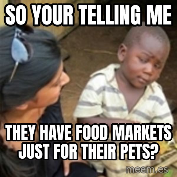 Skeptical 3rd World Kid meme: SO YOUR TELLING ME / They have food markets just for their pets?