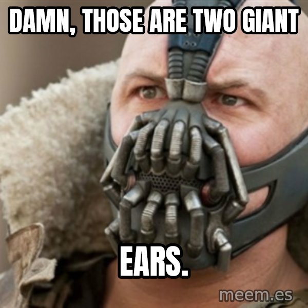 Bane meme: Damn, those are two giant / Ears.