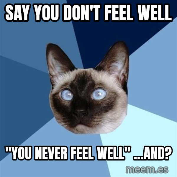 Chronic Illness Cat meme: Say you don't feel well / "you never feel well" ...and?