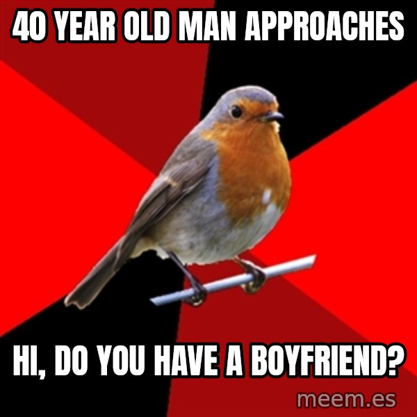 Retail Robin meme: 40 year old man approaches / hi, do you have a boyfriend?