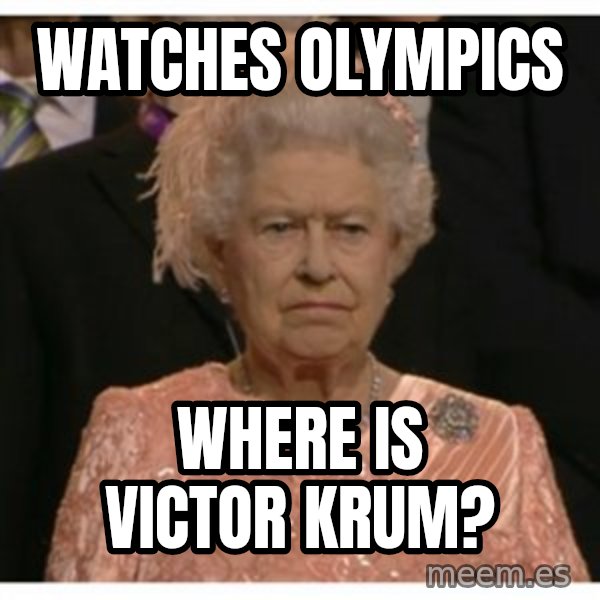 Unimpressed Queen meme: watches olympics / where is victor krum?
