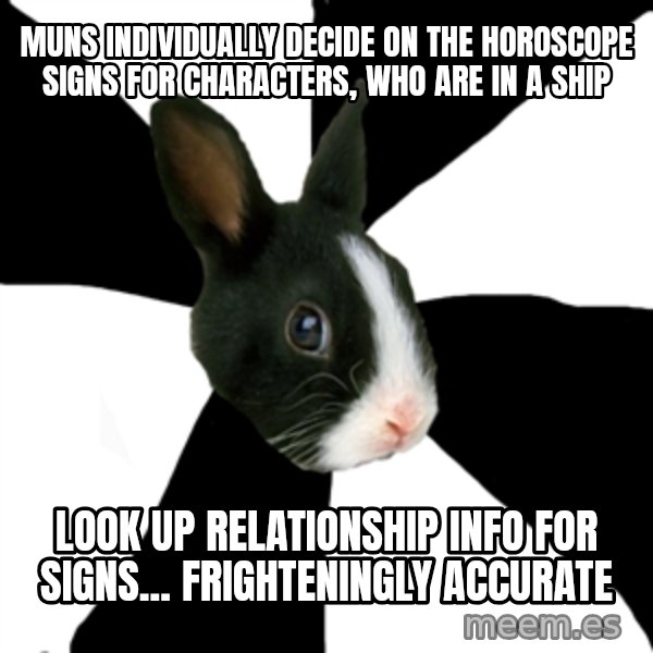 Roleplaying Rabbit meme: MUNS INDIVIDUALLY DECIDE ON THE HOROSCOPE SIGNS FOR CHARACTERS, WHO ARE IN A SHIP / Look up relationship info for Signs... FRIGHTENINGLY ACCURATE