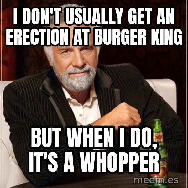 The Most Interesting Man In The World meme: I DON'T USUALLY get an erection at BURGER king / BUT WHEN I DO, IT'S A WHOPPER