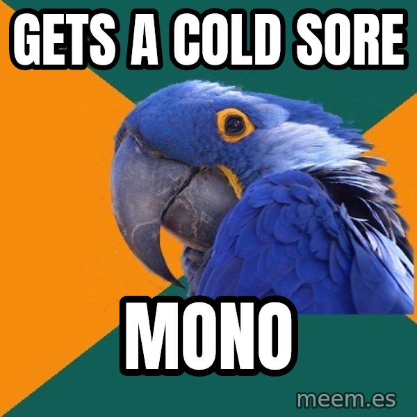Paranoid Parrot meme: gets a cold sore / mono