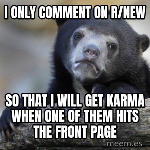 Confession Bear meme: I only comment on r/new / so that i will get karma when one of them hits the front page
