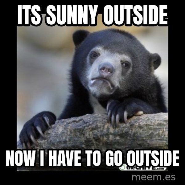 sad bear meme: Its sunny outside / NoW i have to go outside