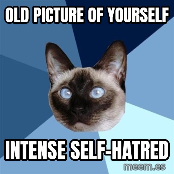 Chronic Illness Cat meme: OLD PICTURE OF YOURSELF / INTENSE SELF-HATRED