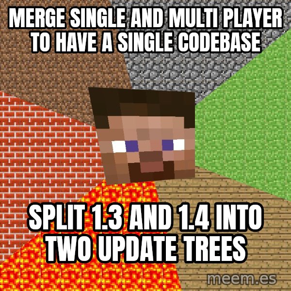 Minecraft Guy meme: merge single and multi player to have a single codebase / split 1.3 and 1.4 into two update trees