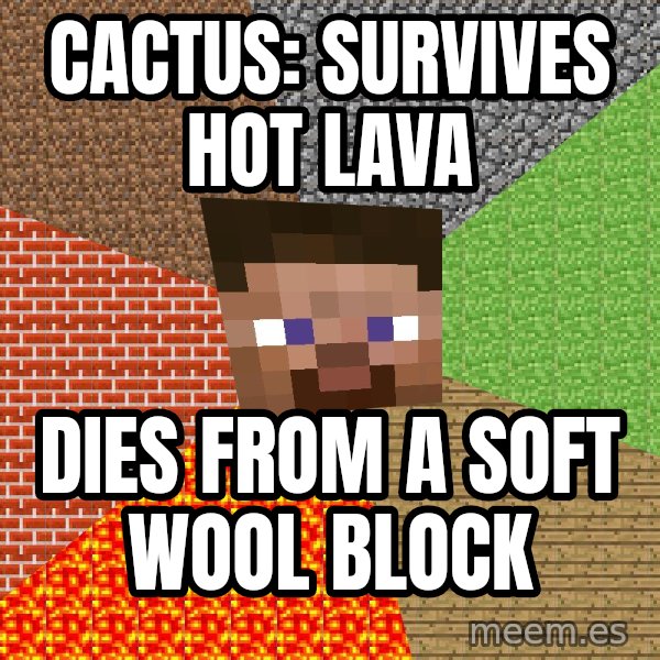 Minecraft Guy meme: cactus: survives hot lava / dies from a soft wool block