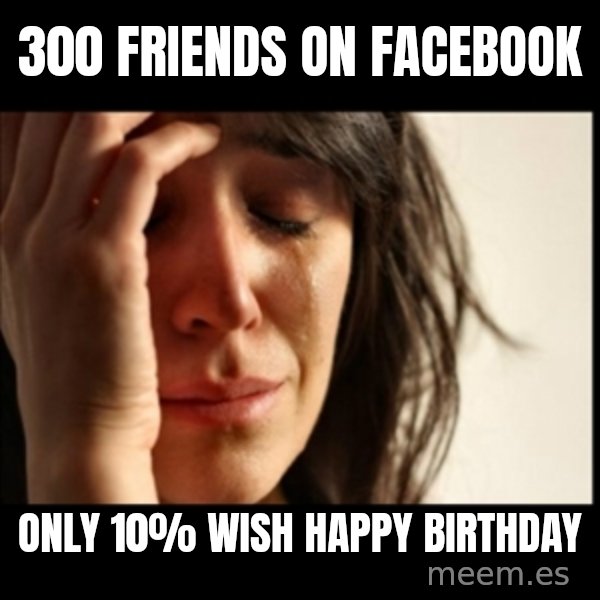 First World Problems meme: 300 friends on facebook / only 10% wish Happy birthday