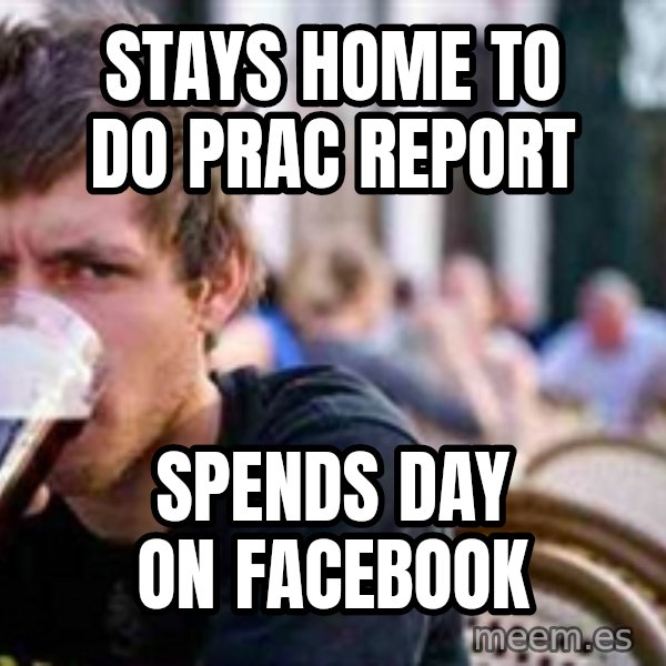 The Lazy College Senior meme: Stays home to do prac report / spends day on facebook