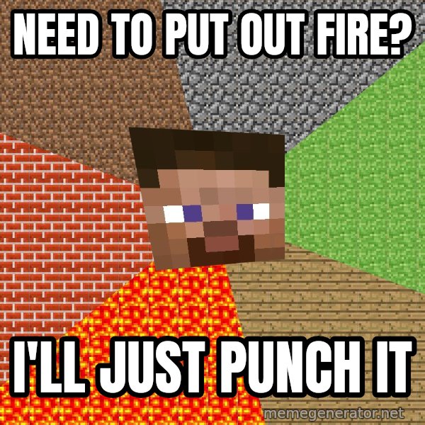 Minecraft Guy meme: Need to put out fire? / i'll just punch it