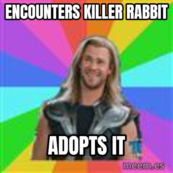 Overly Accepting Thor meme: encounters killer rabbit / adopts it