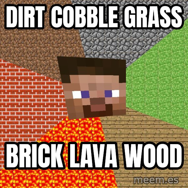Minecraft Guy meme: Dirt Cobble Grass / Brick lava wood