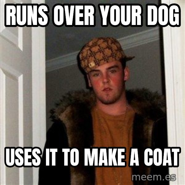 Scumbag Steve meme: runs over your dog / uses it to make a coat