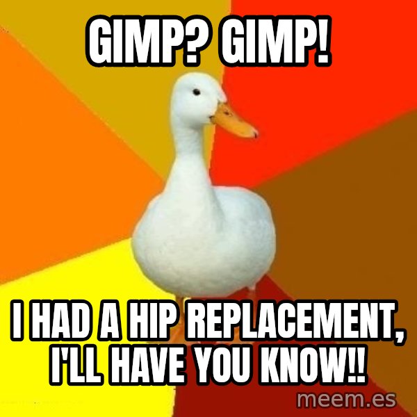 Technologically Impaired Duck meme: gimp? gimp! / i had a hip replacement, i'll have you know!!