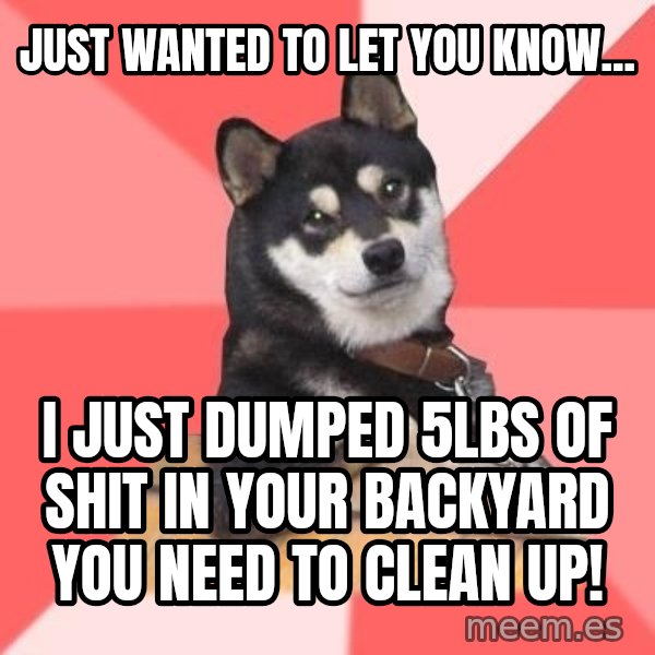 Cool Dog meme: just wanted to let you know... / i just dumped 5lbs of shit in your backyard you need to clean up!